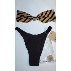 SAME Los Angeles Bandeau Bikini Set Black Tan Striped Size S New